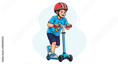 Happy young boy riding a blue scooter wearing helmet