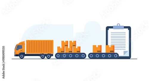 Automation in a warehouse showing a long conveyor belt transporting orange boxes from a delivery truck to a digital clipboard.