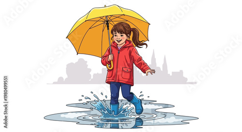 Happy little girl splashing in a puddle with yellow umbrella