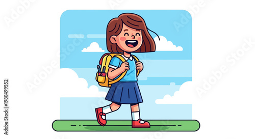Happy schoolgirl walking with backpack under blue sky