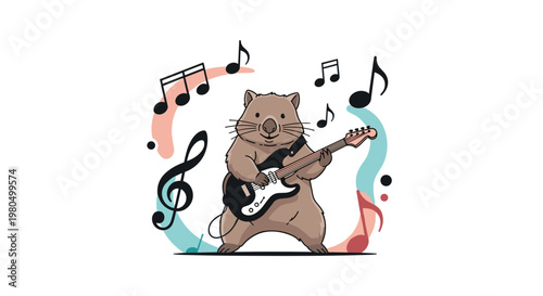 Fun illustration of a fluffy brown wombat playing an electric guitar surrounded by colorful musical notes and abstract shapes.