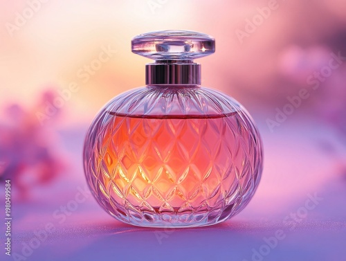 Elegant glass perfume bottle filled with pink liquid on soft background. Ideal for beauty, fragrance, or lifestyle marketing material.