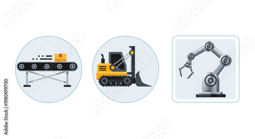 Industrial automation icons conveyor belt forklift and robotic arm.