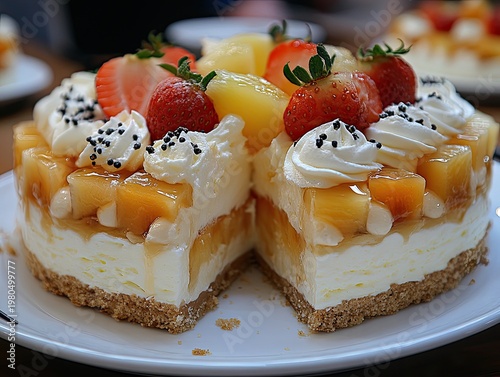 Delicious cheesecake with strawberries, pineapple, whipped cream and black sprinkles. Use to promote dessert menus, recipes, or celebrate special occasions.