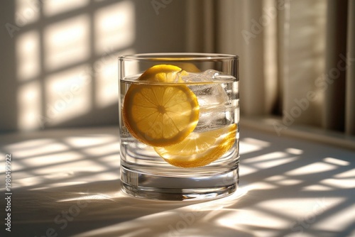 Glass of water with lemon slices and ice with window light background. Use this image to create fresh drink and healthy lifestyle visuals.