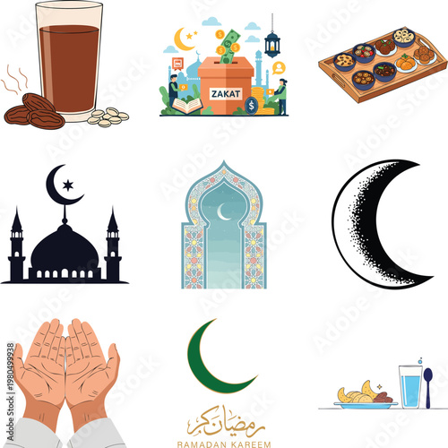 Set of nine ramadan featuring mosques, crescent moons, and iftar foods msea set