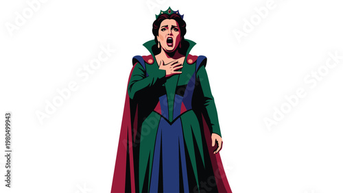 Passionate female opera singer in dramatic royal costume, performing on white background, illustration