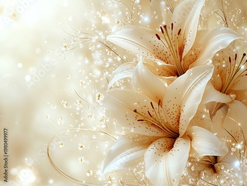 Cream lilies with twinkling lights and floral accents on soft background. Use for elegant designs, invitations, or celebratory announcements.