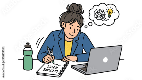 Focused Woman Studying, Taking Lecture Notes, and Brainstorming New Ideas with Laptop