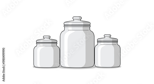 Three clean white storage jars with matching lids are arranged by size in a symmetrical composition on a plain white background.