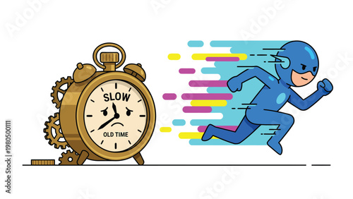 Superhero outrunning slow vintage clock. Concept of speed, progress, and efficiency in modern times.