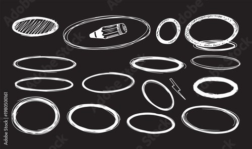 A collection of white hand-drawn oval frames, circular scribbles, and sketchy borders isolated on a black background, featuring a pencil illustration.