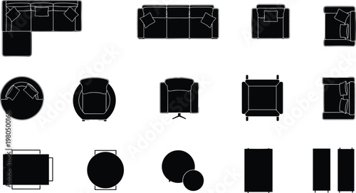 Top view living room furniture silhouettes set with sectional sofas armchairs and coffee tables for interior design house floor plans,