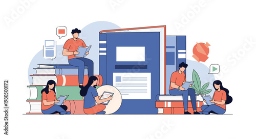 Educational concept illustration features students and book lovers sitting and reading among oversized blue books and stacks of paper.
