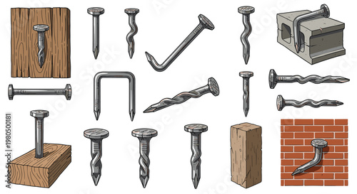 Practical set of metal nail illustrations shows various types like straight, bent, twisted, and driven into wood, brick, or concrete.