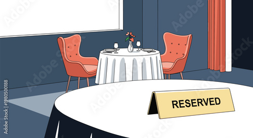 Elegant restaurant interior features a close-up of a golden reserved sign on a white tablecloth with a romantic table for two nearby.