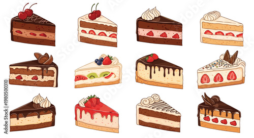 Delicious set of cake slices features various flavors like chocolate, strawberry, and cheesecake with toppings of fruit, cream, and chocolate.