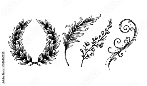 Decorative hand drawn laurel wreath branches floral botanical elements vector illustration set