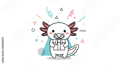 Adorable white axolotl character celebrates a birthday by holding a wrapped gift box amidst colorful confetti and geometric shapes.