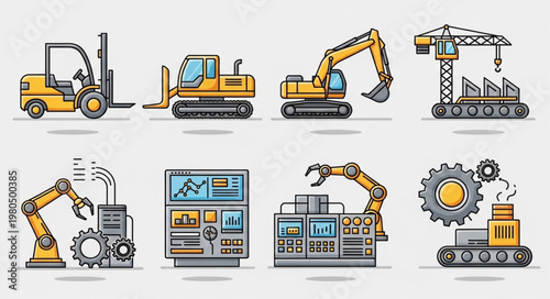 Industrial machinery and equipment set vector illustration.