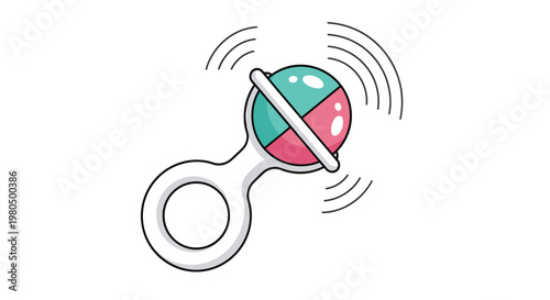 Colorful baby rattle toy with a white handle and a pink and teal ball is shown in a dynamic position with sound lines on a white background.
