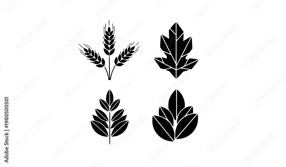 Fototapeta premium Geometric botanical silhouettes wheat sprigs leaves plant vector nature icon collection
