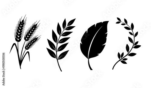Minimal botanical silhouette icons wheat sprigs leaves plant leaf vector set isolated on white