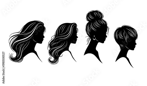 Elegant woman silhouette set with different hairstyles minimalist beauty fashion vector collection