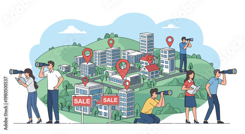 Urban real estate search illustration shows people in a park using binoculars to find apartment buildings for sale in a growing city.