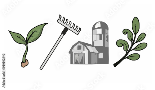Hand drawn agriculture icons plant rake silo farm building leaves doodle vector set