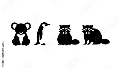 Minimal wildlife animal icons koala penguin raccoons vector set flat illustration isolated on white
