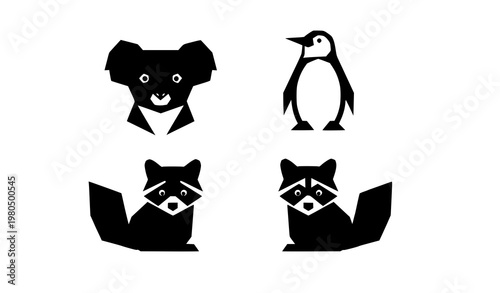 Geometric wildlife animal icons koala penguin raccoons modern vector collection isolated