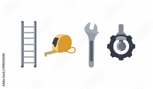 Minimal construction tool icons ladder measuring tape wrench gear bolt vector set isolated