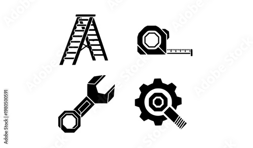 Geometric tool icons ladder measuring tape wrench gear bolt modern vector collection