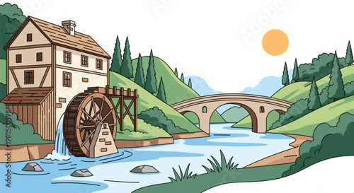 Old wooden water mill with a turning wheel sitting by a peaceful river under a bright sun near a classic stone bridge.