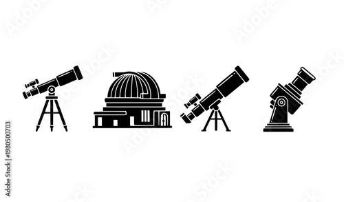 Minimal astronomy silhouette icons telescope observatory building science vector set isolated on white