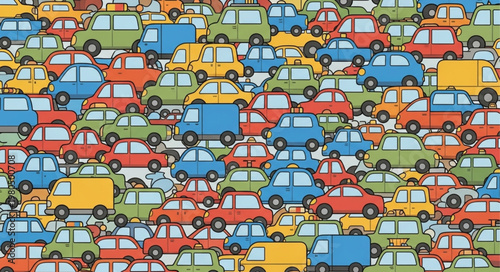 Colorful cartoon cars packed tightly together in a busy scene.