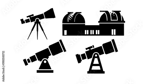 Geometric astronomy silhouettes telescope observatory building modern science icon vector collection