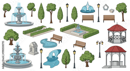 Comprehensive collection of park landscape elements including fountains, benches, gazebos, trees, and ornamental hedges.