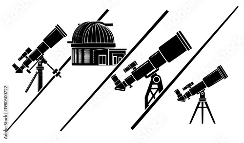 Astronomy silhouette icon set telescope observatory building science vector collection isolated