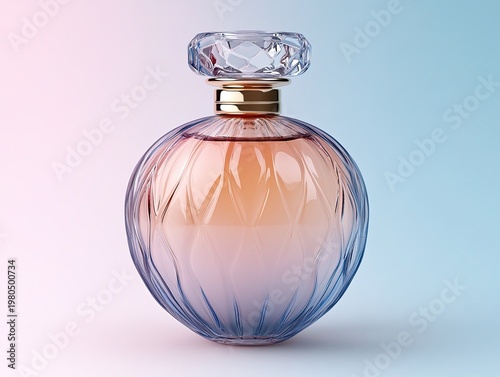 Elegant perfume bottle with glass stopper on soft gradient background. Use for beauty, fragrance, or luxury product presentation.
