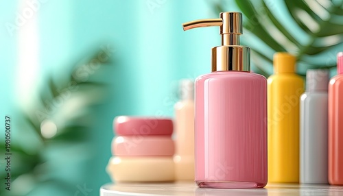 Pastel bottles with golden pumps stand on a marble countertop. Use for spa, beauty, wellness products or cosmetic mockup.