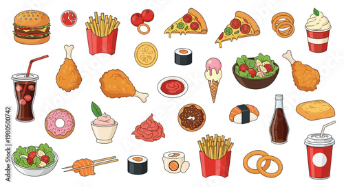 Variety of delicious cartoon food items including burgers, pizza, sushi, fresh salads, and sweet desserts on white.