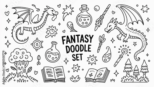 Fantasy doodle set with dragons magic potions spell books and enchanted trees hand-drawn illustration for game design and storytelling