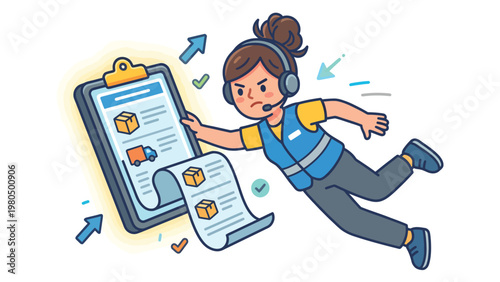 Dynamic Logistics Management: Female Agent Swiftly Processing Orders and Deliveries