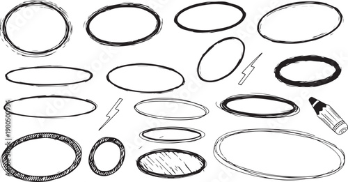 A collection of hand-drawn oval frames, circular scribbles, and sketchy borders featuring a pencil illustration and distressed artistic strokes.