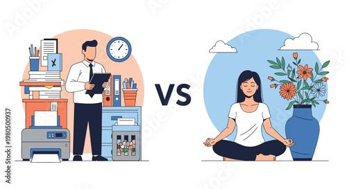 Conceptual illustration comparing a stressed office worker at a busy desk with a calm woman practicing yoga meditation.