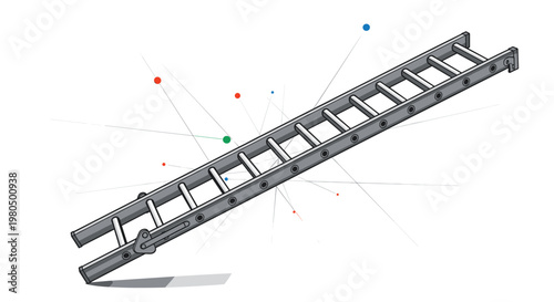 Long silver aluminum extension ladder leaning diagonally against a plain white background with subtle design elements.