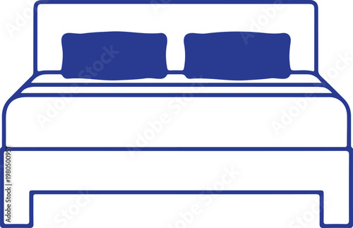A blue linear icon of a double bed with pillows, representing bedroom furniture, interior design, and hotel accommodation.