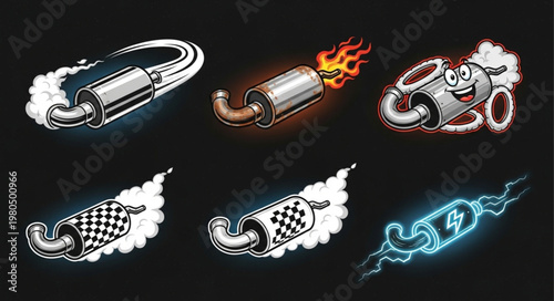 Collection of car exhaust pipes with smoke and flames.